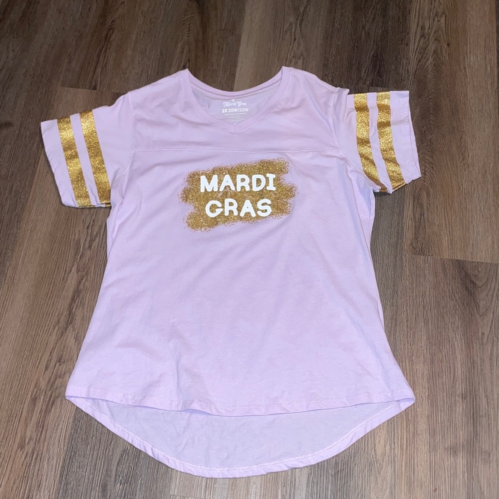 Mardi Gras tee shirt 2X (20W/22W) Ladies V-neck Lilac Gold Metallic Sparkle